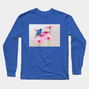 Indigo Bunting and Pink Zinnia Long Sleeve T-Shirt